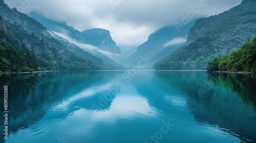 A large body of water surrounded by towering mountains in a forested setting