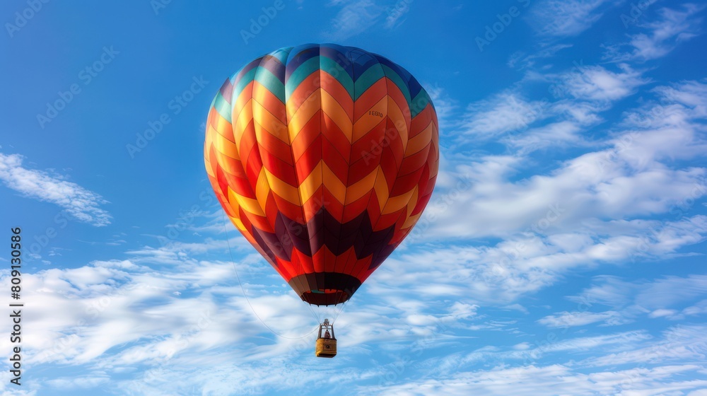 Fototapeta premium A colorful hot air balloon floats serenely against a blue sky dotted with white clouds, a sense of peaceful adventure