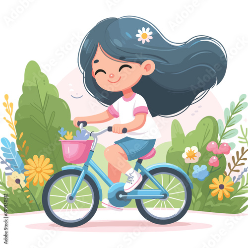 Happy cute teen girl riding bicycle cartoon vector illustration
