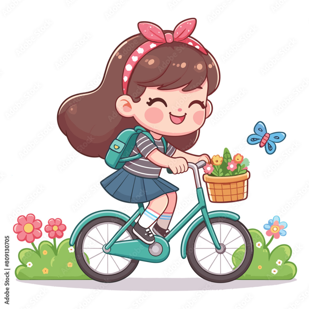 Happy cute teen girl riding bicycle cartoon vector illustration Happy cute teen girl riding bicycle cartoon vector illustration