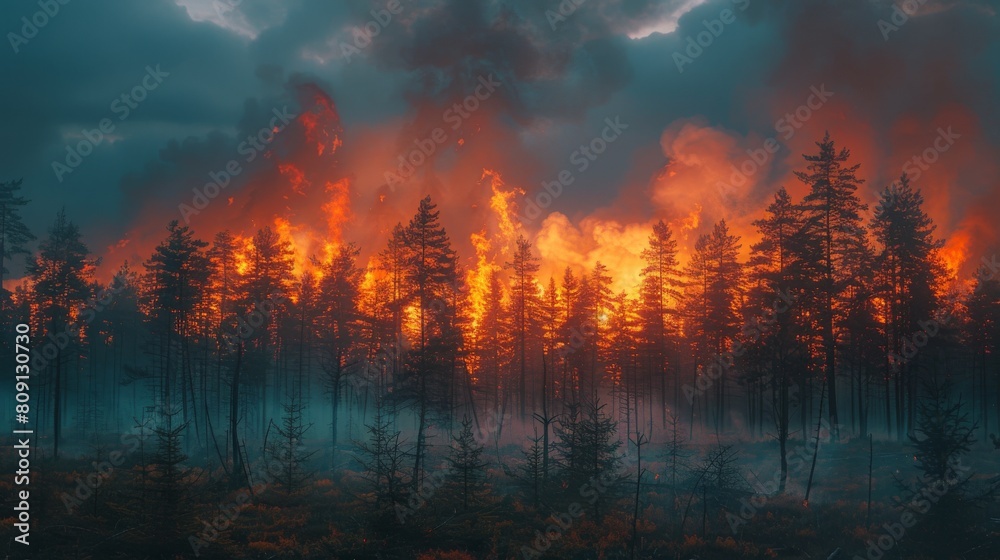 Cloudy skies and fire smoke in a country forest at night
