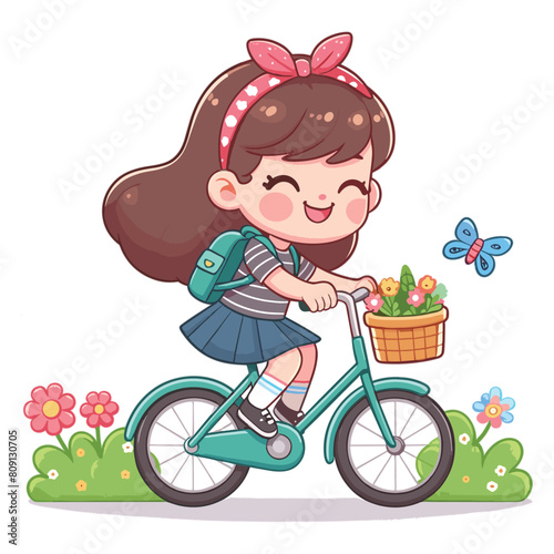 Happy cute teen girl riding bicycle cartoon vector illustration