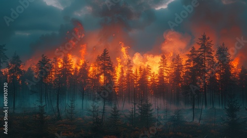 Cloudy skies and fire smoke in a country forest at night