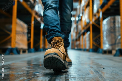 The close up picture of the worker is walking inside the factory warehouse while wearing the safety shoes  the factory worker require skill like technical knowledge  safety awareness  strength. AIG43.
