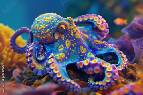  Hyper-realistic octopus. Vibrant colors on a stunning coral reef. Cinematic detail © Dinusha