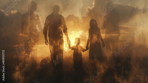 Dreamy family. Double exposure silhouette at sunset. Light & ethereal. 
