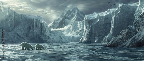 Polar Meltdown, Ice caps melting rapidly, Polar bears on shrinking glaciers, Stark visual of climate extremes photo