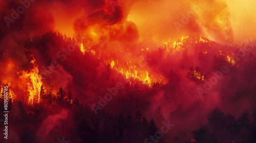 Forest Fire Fury, Massive wildfire engulfing an entire forest, Smoke and flames visible from space, Intense depiction of heatwaves photo