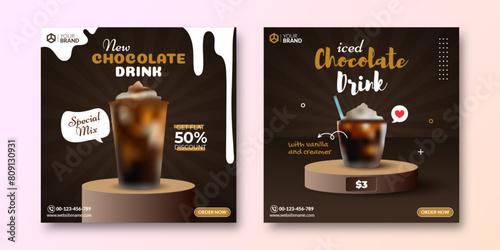 Social media post template for drink product with podium stage and brown background. Chocolate drink digital banner. Mockup of cafe content menu list