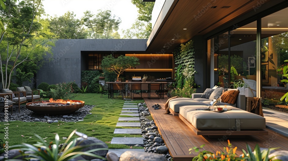 In a backyard with a green garden, a cozy wooden table with soft sofa and a grill sits amid the foliage of a contemporary residential building.