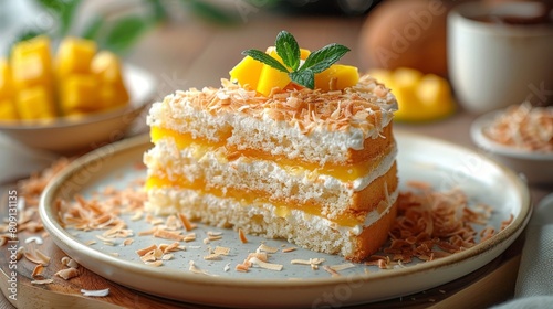 Coconut mango mousse cake prepare a tropical coconut mango mousse cake AI generated