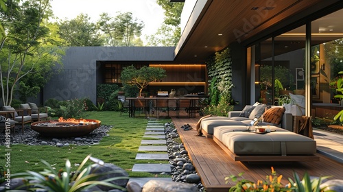 In a backyard with a green garden  a cozy wooden table with soft sofa and a grill sits amid the foliage of a contemporary residential building.