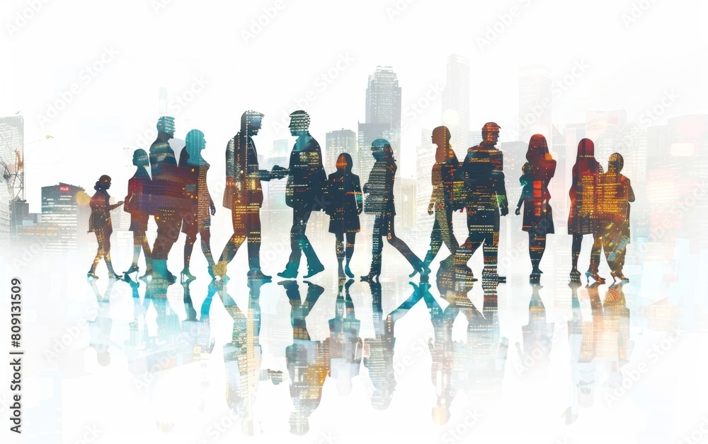 Fototapeta premium double exposure illustration of business people in silhouette with digital elements, representing the integration and interconnectedness between human beings within an office environment Generative AI