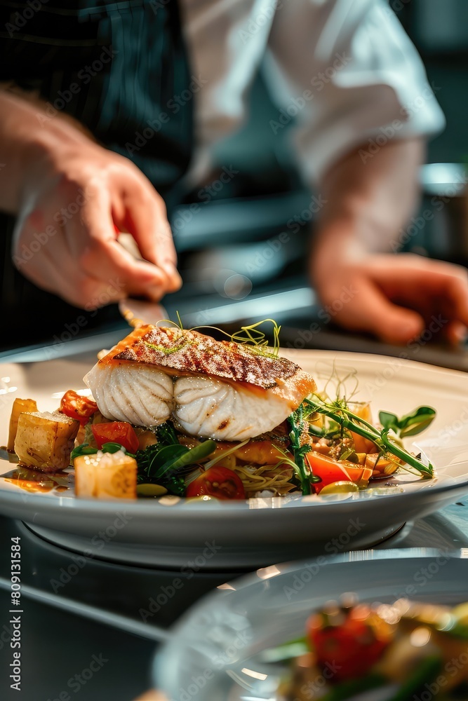 The chef makes a presentation of the dish to be served. Selective focus. The chef makes a presentation of the dish to be served. Selective focus.