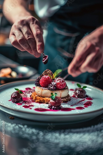 The chef makes a presentation of the dish to be served. Selective focus.