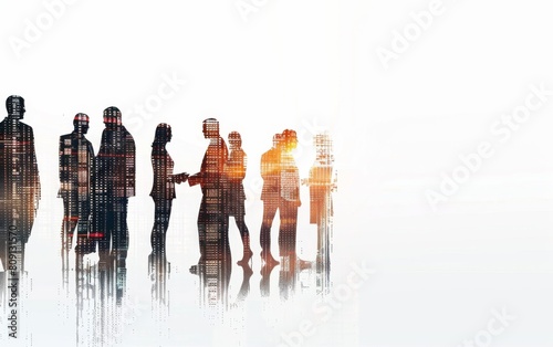 Double exposure of a group of business people in silhouette and digital data, their full bodies standing together talking with each other and shaking hands on a white background Generative AI