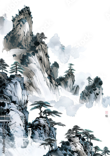 Traditional Chinese Gongbi Painting of Canyons in Delicate Lines photo