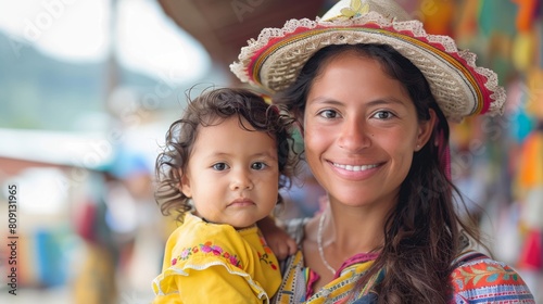 In the daytime, a Colombian mom carries her adorable baby daughter on city streets with a smile on her face