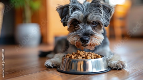 The miniature schnauzer stands in the spacious kitchen eating dog food from a metal bowl. photo