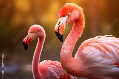 a close up of Flamingo mom and son on natural background