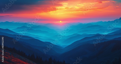 During the evening time  a picturesque panoramic view of a mountain range under a colorful blue and orange sundown