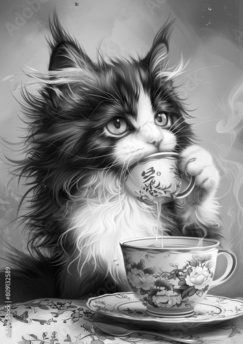 Cute Tuxedo Cat Tea Chinese Relaxing
