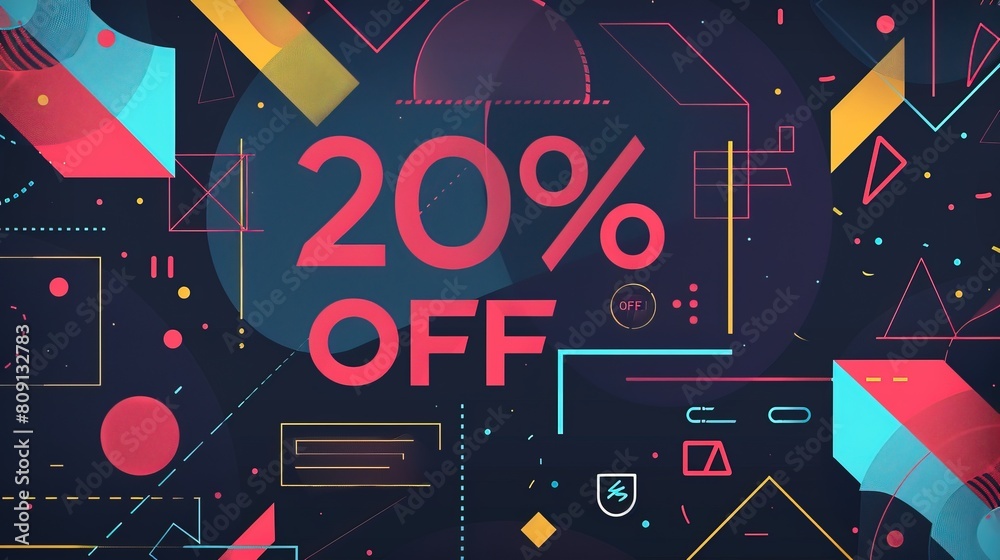 An eye-catching graphic advertises a 20 percent off sale with vibrant abstract elements An eye-catching graphic advertises a 20 percent off sale with vibrant abstract elements