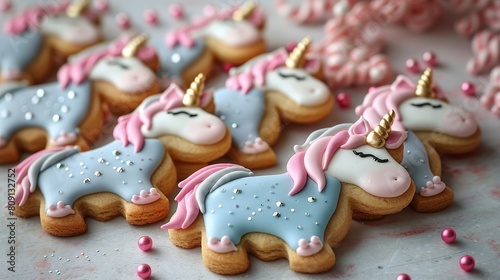 Fancy cookies bake intricate decorated cookies in whimsical shapes like unicorns, flowers AI generated