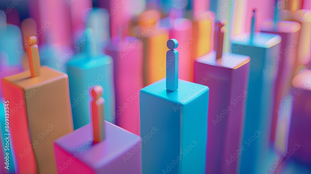 Pastel bar graph showing market share distribution with a businessman icon on each bar, vibrant Pastel bar graph showing market share distribution with a businessman icon on each bar, vibrant