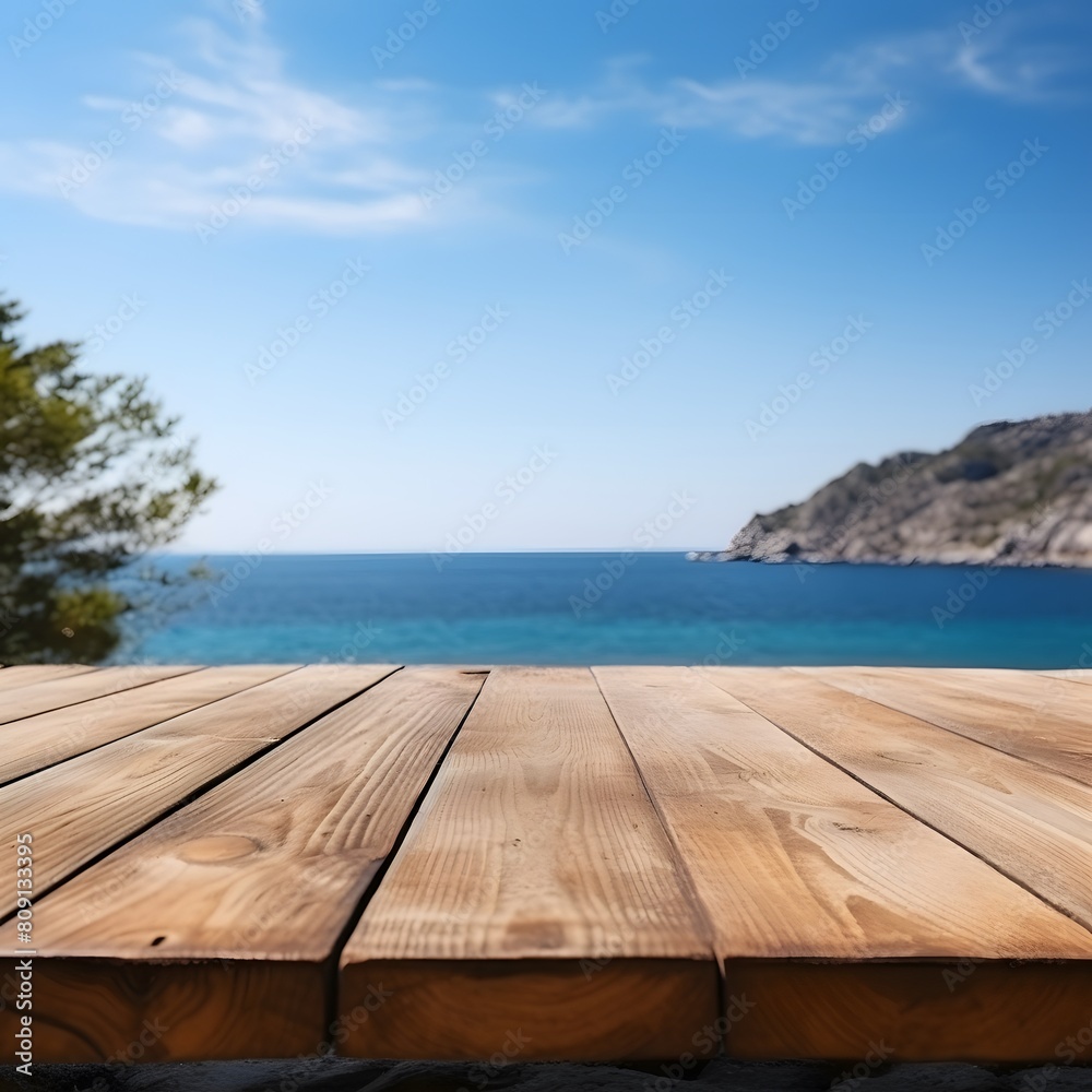 Wooden table against the background of the sea. Generative AI.