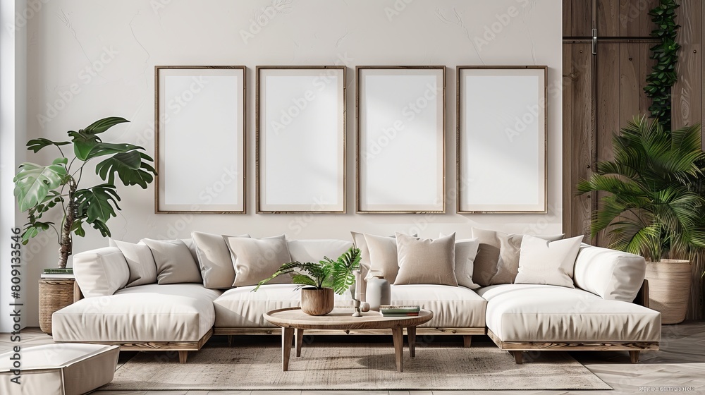 Modern living room interior with a white sofa and empty frames. Clean frame mockup Modern living room interior with a white sofa and empty frames. Clean frame mockup