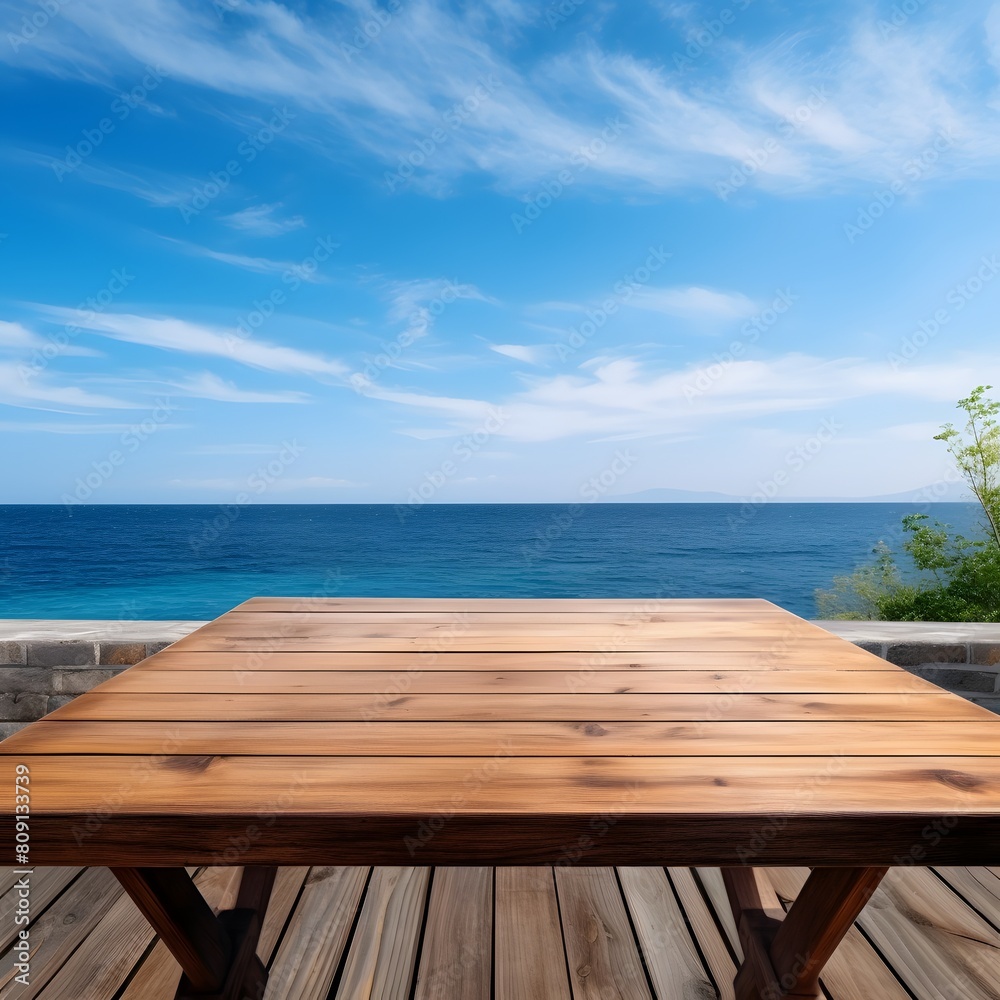 Wooden table against the background of the sea. Generative AI.