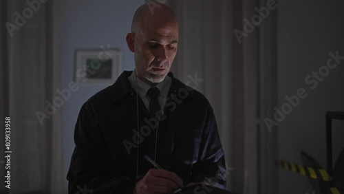 Bald man in detective outfit taking notes at crime scene in indoor house setting at night. photo