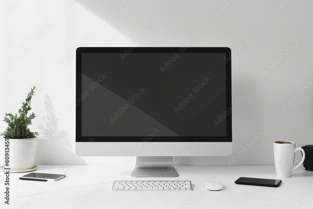 Close up of modern designer desktop with blank computer screen, coffee cup, smartphone and plant. Mock up Close up of modern designer desktop with blank computer screen, coffee cup, smartphone and plant. Mock up