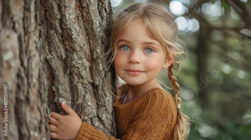 In the afternoon, a cute little girl is seen hugging an old tree trunk in the redwoods photo