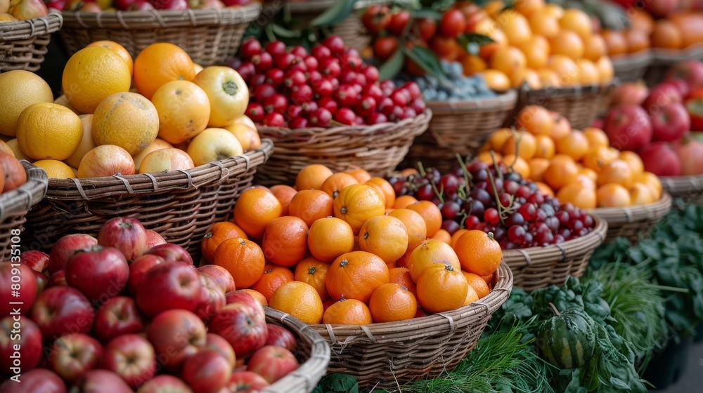 Fresh fruit and vegetables displayed in baskets on grassy surface with apples, oranges, pomegranates, and pumpkins prominently displayed.