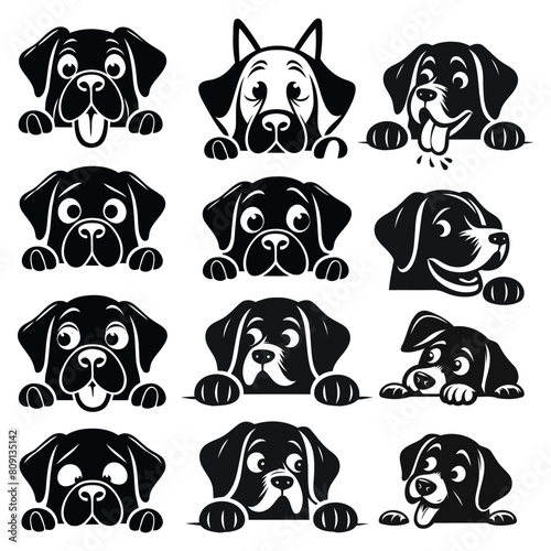 peeking dog  silhouette set of different dogs looking out the window.on white background.