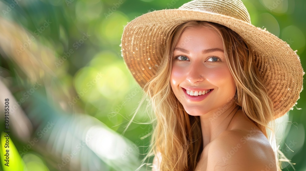 Serene Beauty: Woman in Straw Hat Smiling