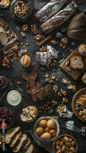 A vertical image of baked bread and dessert ingredient.