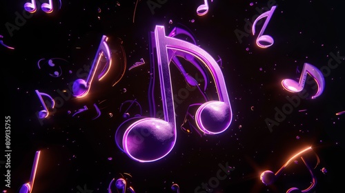 Musical notes fly against background filled with sparks.