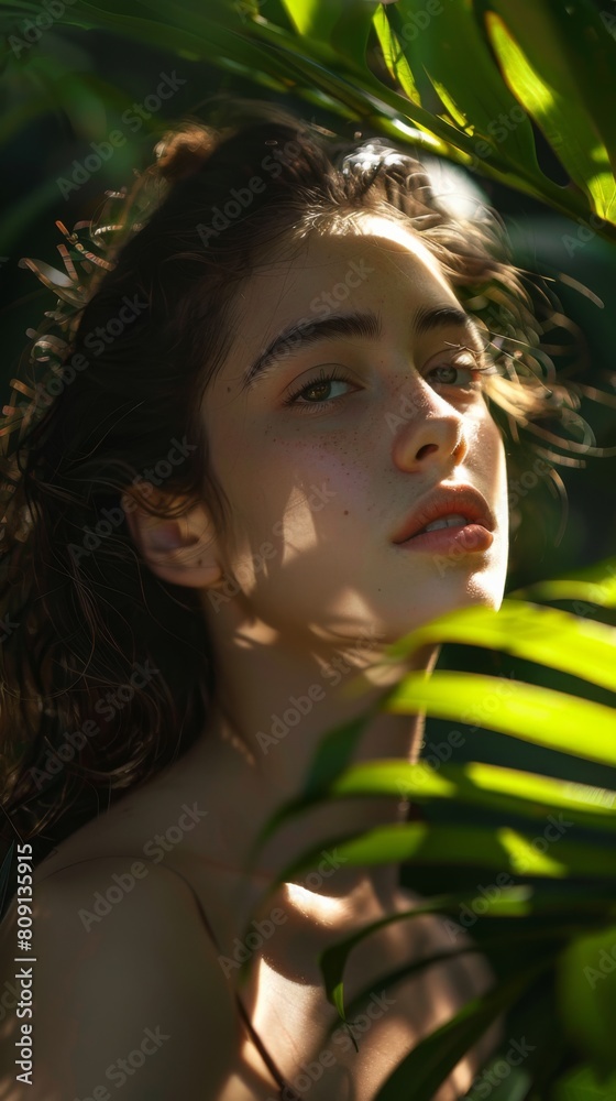 Young woman partially concealed by tropical leaves in sunlight Young woman partially concealed by tropical leaves in sunlight