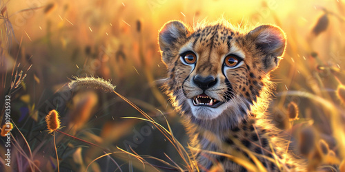 Happy cartoon cheetah in the grass photo