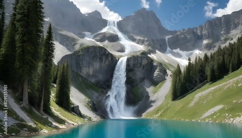 A majestic waterfall feeding into a pristine alpin upscaled 2 photo