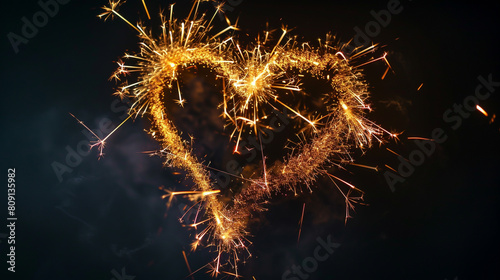 A heart shape made from sparklers, glowing and casting light on the darkness of Valentine's Day night