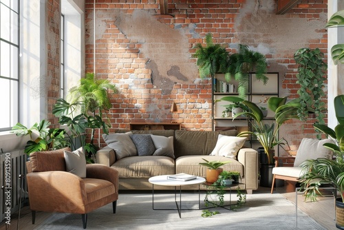 Industrial-Style Living Room Mockup Featuring Exposed Brick and Abundant Greenery