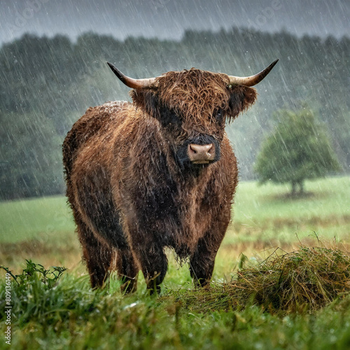 Galloway Rind auf einer Wiese im Regen
