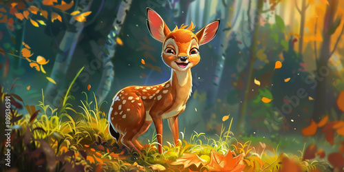 Cute cartoon deer in the forest at sunset