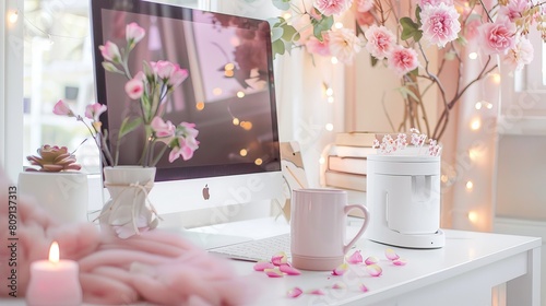 A homely and inviting home office setup featuring a Mac computer, an abundance of flowers, and warm decorative lighting photo