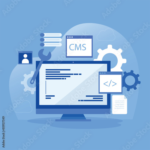Software development illustration concept, Developing software systems for mobile and desktop