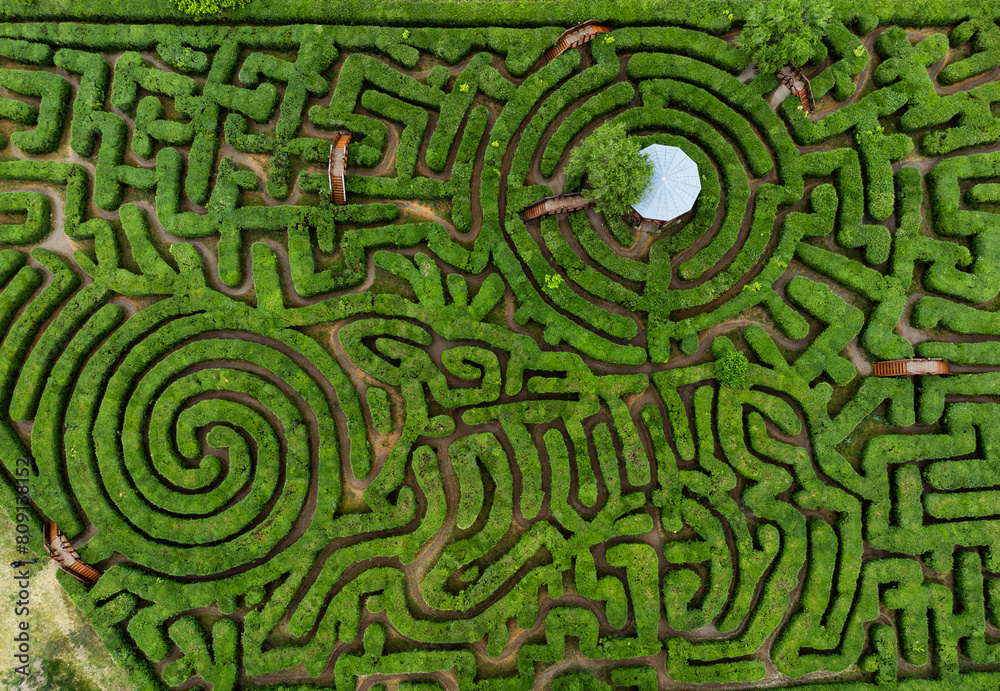 Aerial view about the Labyrinth of Csillagösvény of Ópusztaszer, Hungary